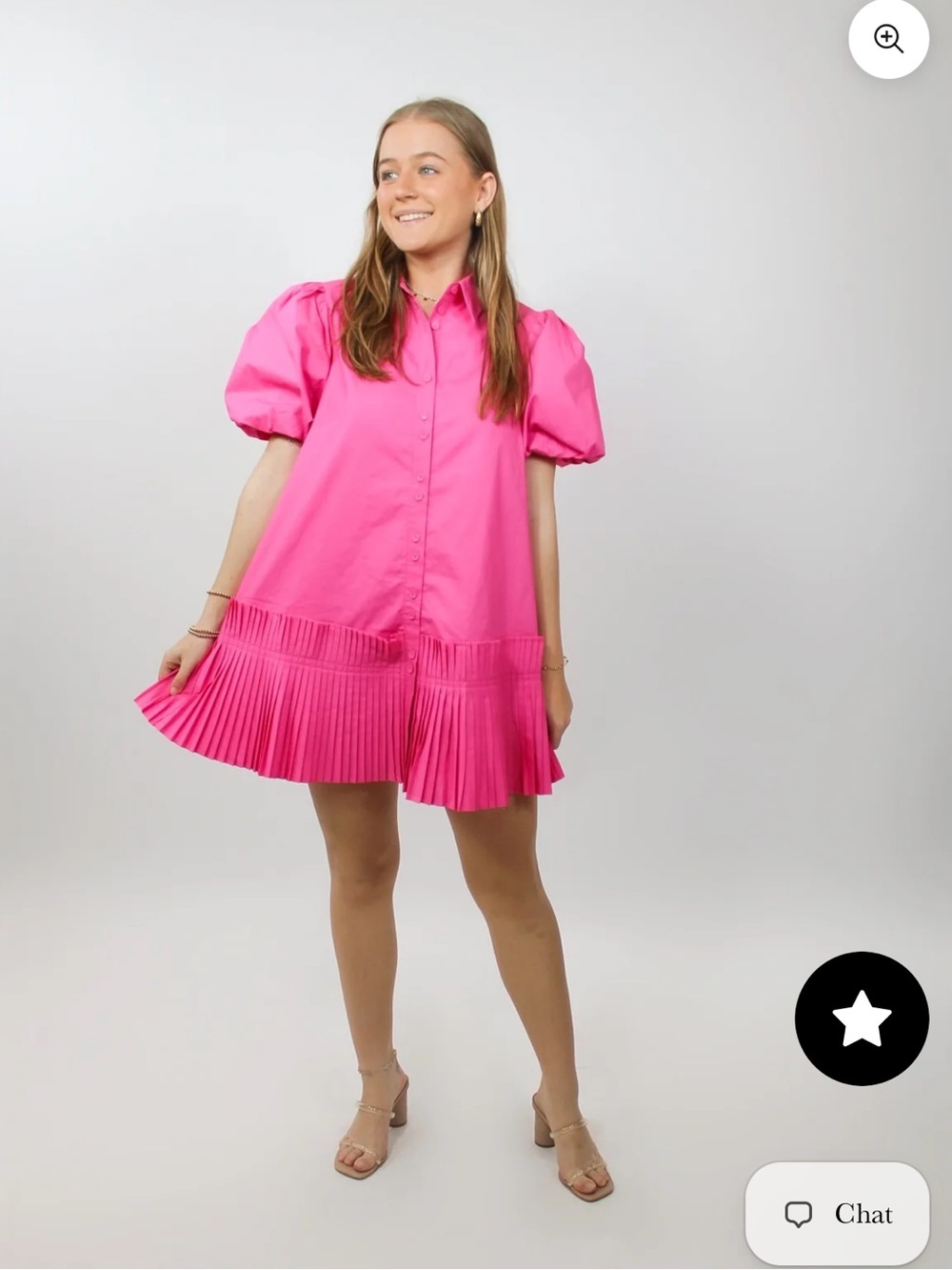 Hot Pink Aureum Puff Sleeve Pleated Dress - Picture 3 of 6